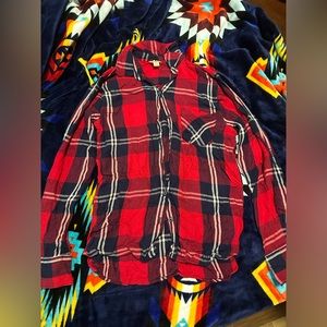 Small women’s plaid, blue and red long sleeve shirt